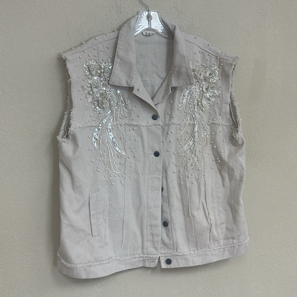 POL womans BOHO beaded & lace cream denim Vest size L - Picture 2 of 7